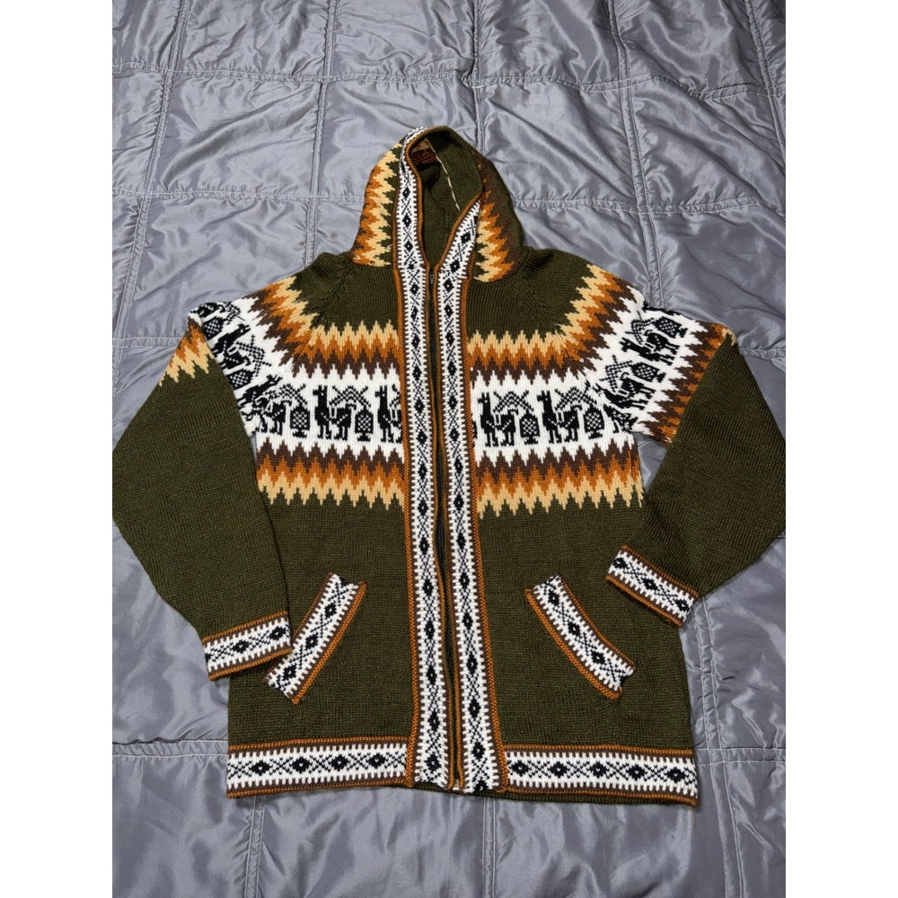 Handmade Wool Llama Knit Hooded Cardigan Sweater Olive Green Full Zip Fair Isle